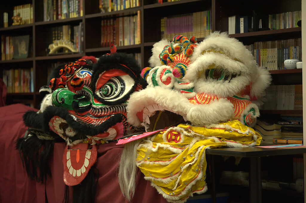 Two Lion Dance heads displayed on a table in front of a shelf filled with books.