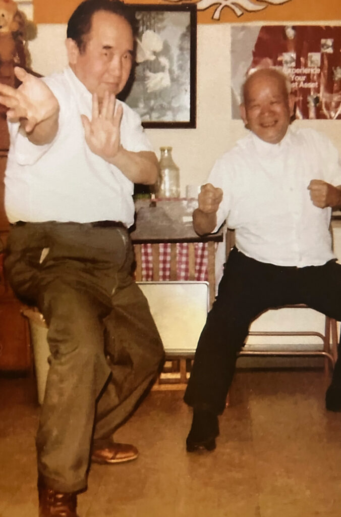 Two people wearing casual attire strike martial arts poses for the camera.