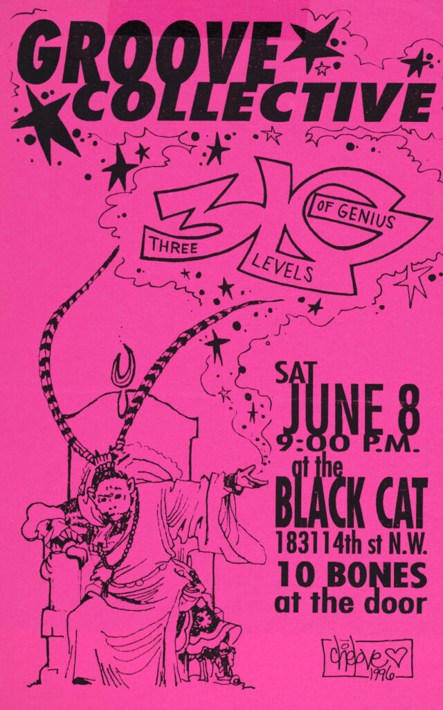 A pink and black poster for the Groove Collective.